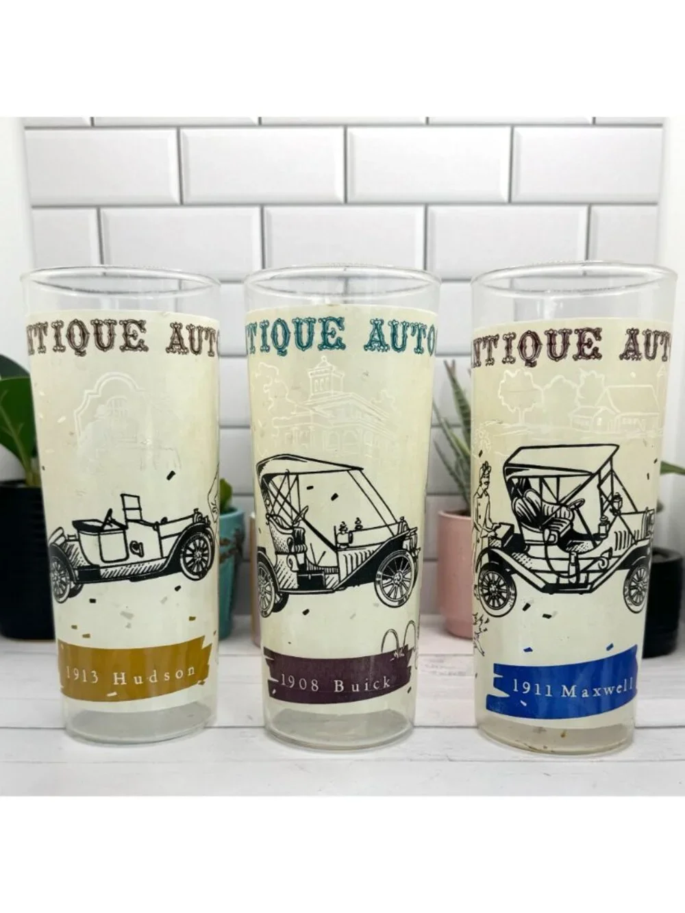 Set Of 3 Vintage Maxwell Designs Antique Auto Highball Glasses